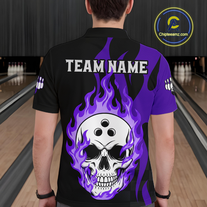 Purple Flame Skull Bowling Shirt Bowling Team Jersey for Men Polo & 1/4-Zip Bowling Outfit QZT931