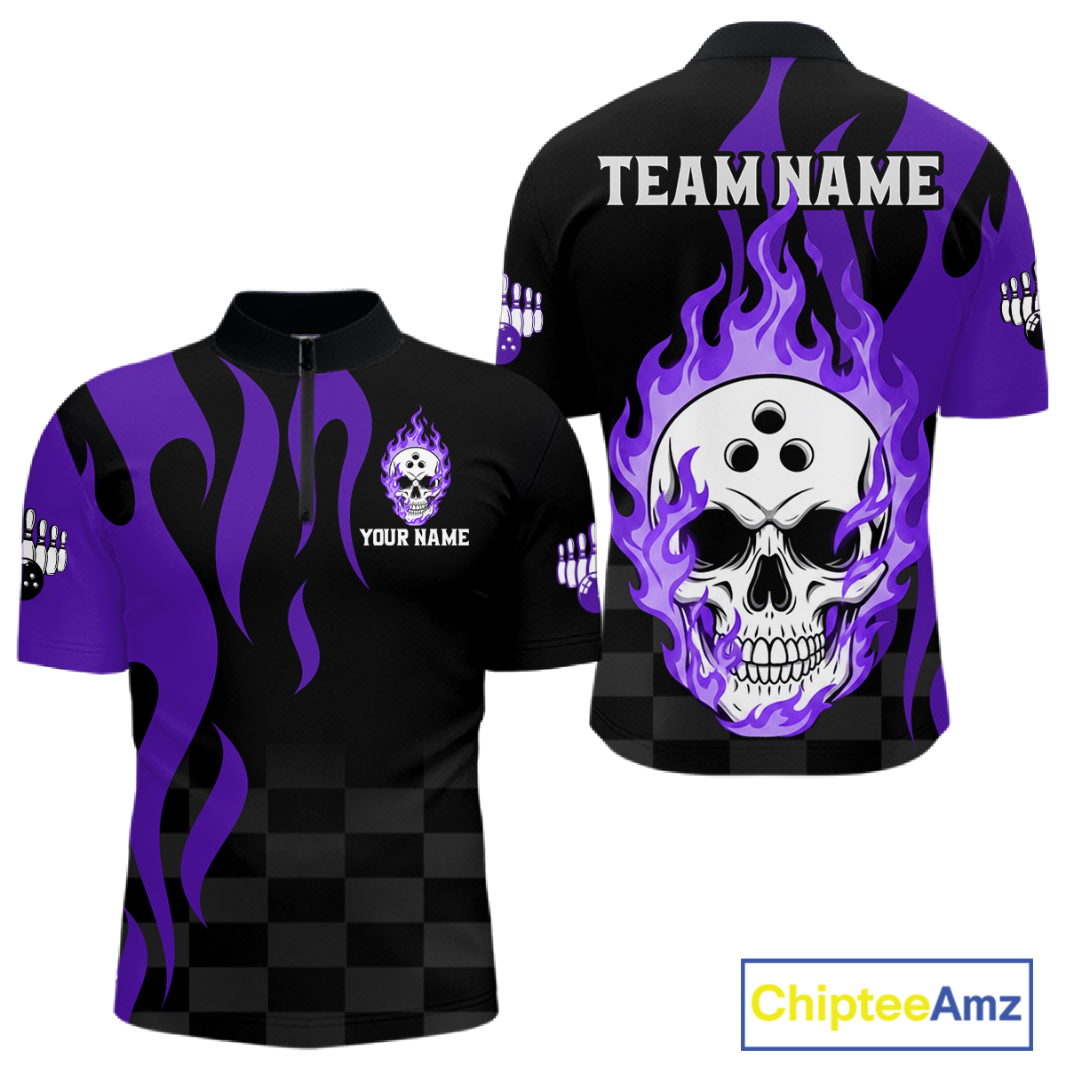 Purple Flame Skull Bowling Shirt Bowling Team Jersey for Men Polo & 1/4-Zip Bowling Outfit QZT931