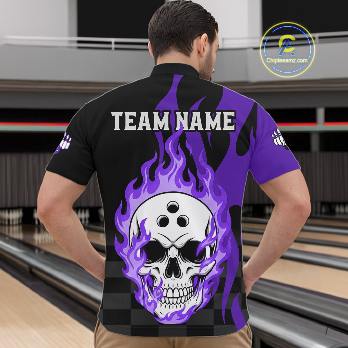 Purple Flame Skull Bowling Shirt Bowling Team Jersey for Men Polo & 1/4-Zip Bowling Outfit QZT931