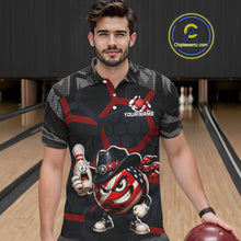 Load image into Gallery viewer, Man wearing a bowling-themed shirt with a graphic design on a bowling alley background