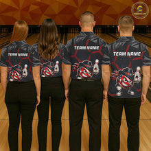 Load image into Gallery viewer, Four people wearing bowling shirts with a team logo and text on a bowling alley background