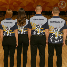 Load image into Gallery viewer, Four people wearing bowling shirts with a team logo and text on a bowling alley background
