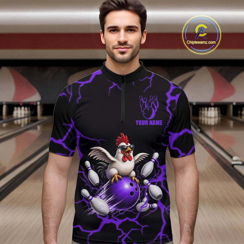 Purple Thunder Lightning Bowling Shirt for Men Custom Funny Chicken Bowling Team Jersey QZT1257