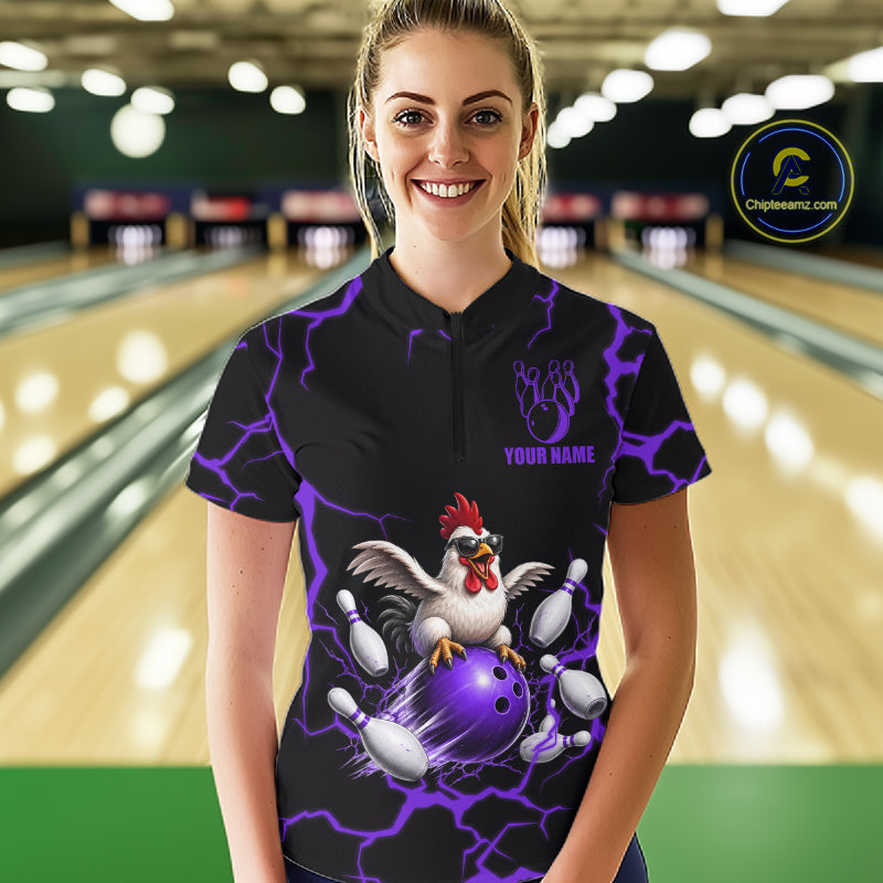 Purple Thunder Lightning Bowling Shirt for Women Custom Funny Chicken Bowling Team Jersey QZT1257