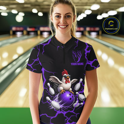 Purple Thunder Lightning Bowling Shirt for Women Custom Funny Chicken Bowling Team Jersey QZT1257