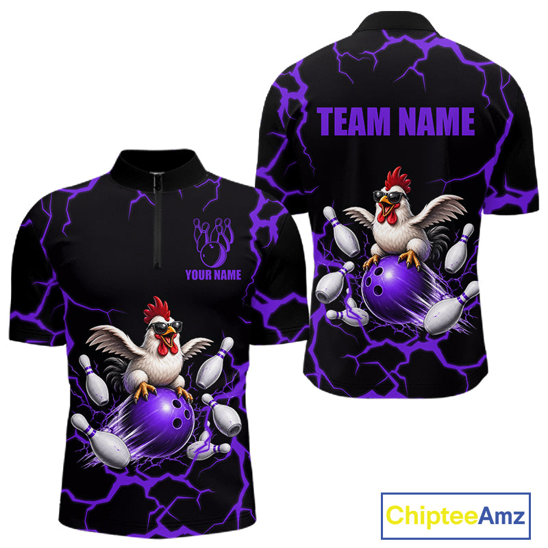 Purple Thunder Lightning Bowling Shirt for Men Custom Funny Chicken Bowling Team Jersey QZT1257