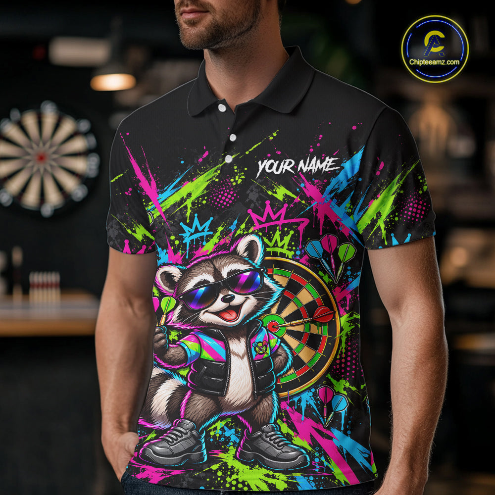 Custom Funny Raccoon Darts Shirt for Men Colorful Dart Team Jersey Polo & Quarter-Zip DHT83