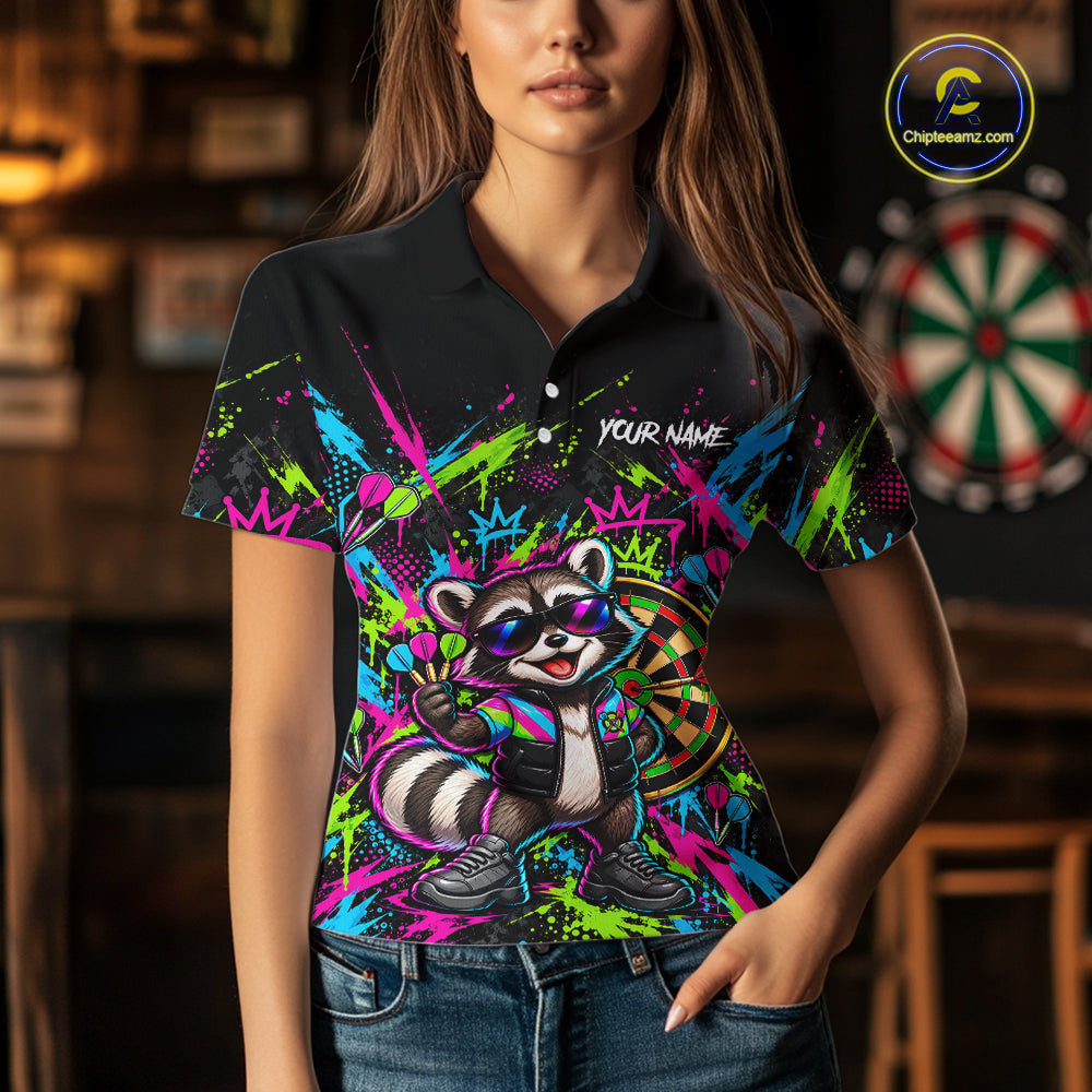 Custom Funny Raccoon Darts Shirt for Women Colorful Dart Team Jersey Polo & Quarter-Zip DHT83