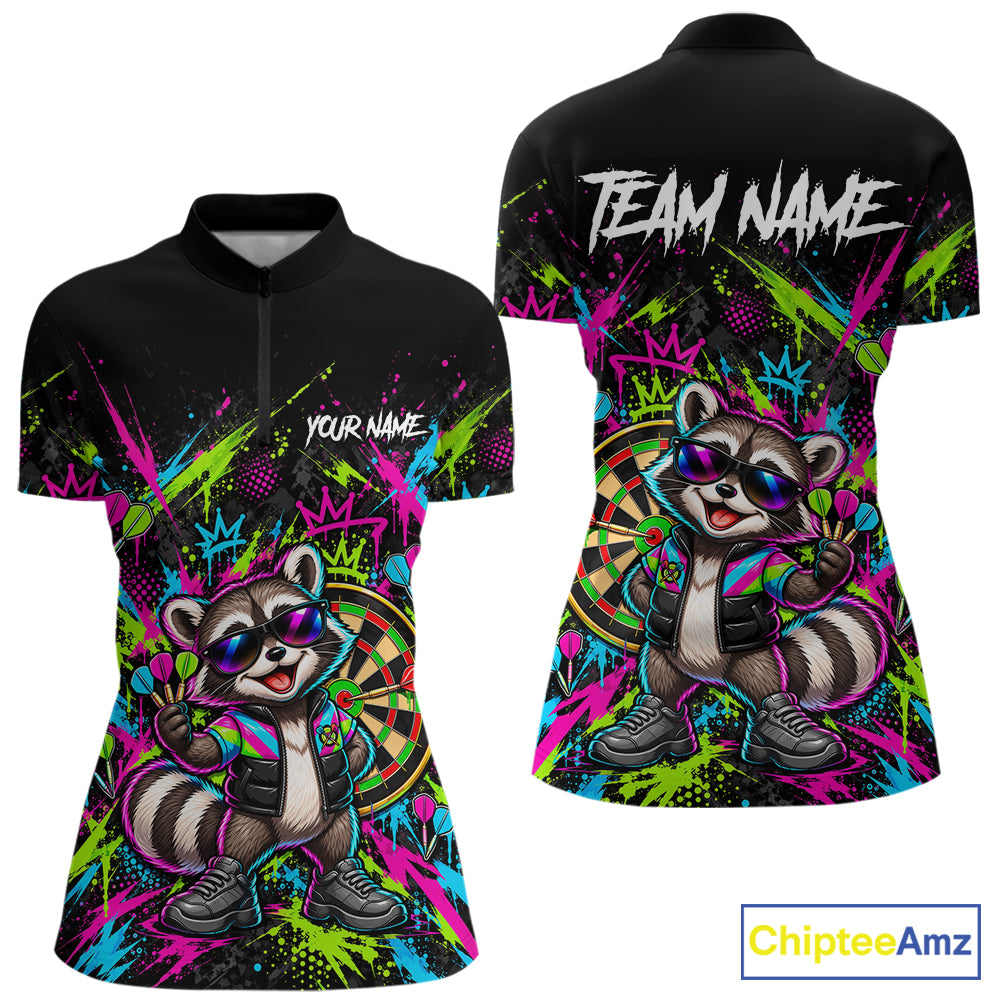 Custom Funny Raccoon Darts Shirt for Women Colorful Dart Team Jersey Polo & Quarter-Zip DHT83