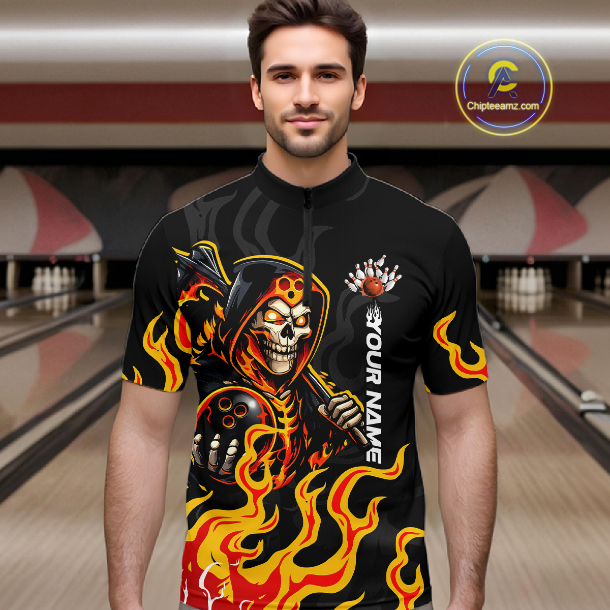 Custom Orange Flame Skull Bowling Shirt for Men Bowling Jersey League Bowling Gifts QZT842