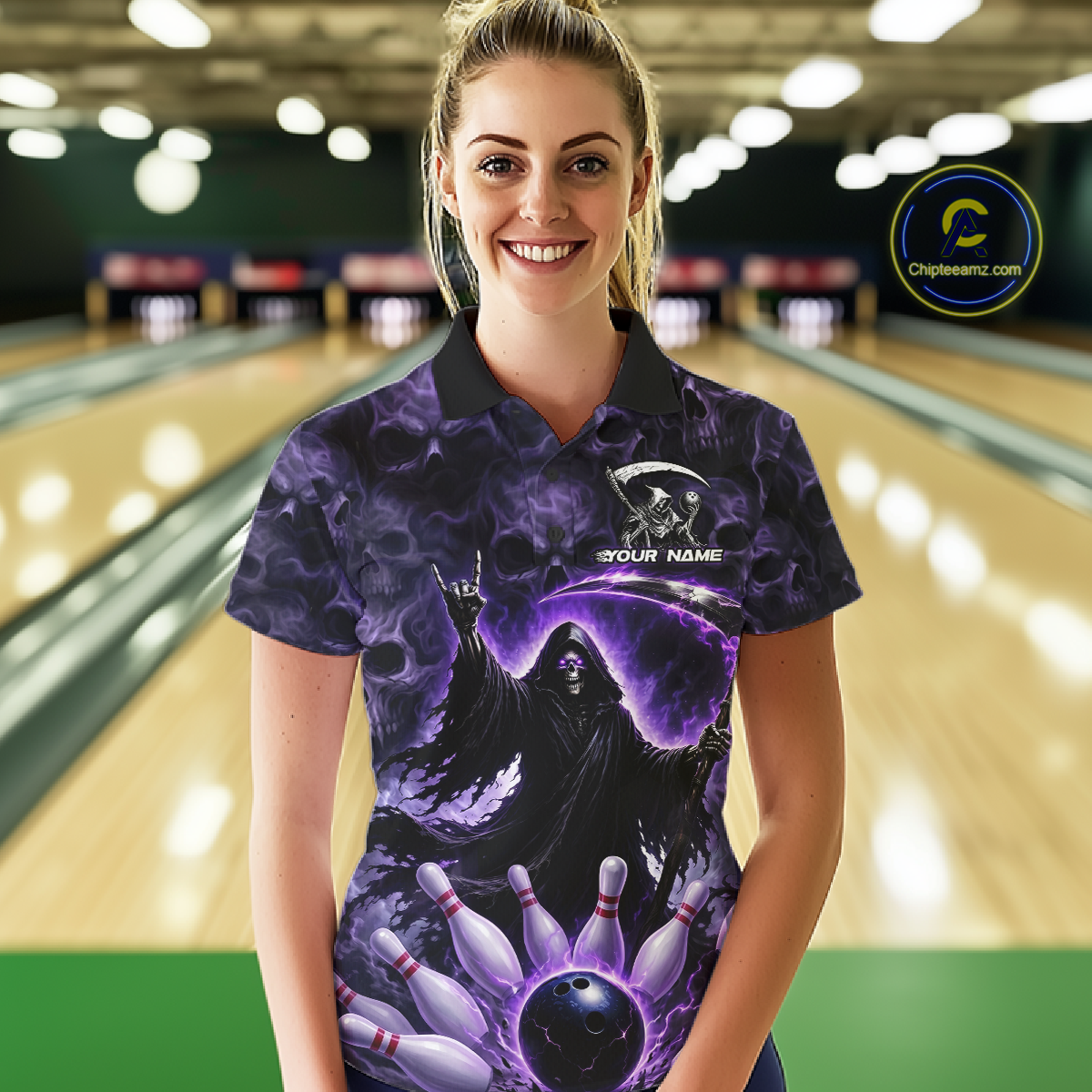 Custom Grim Reaper Bowling Shirt for Women Skull Pattern Bowling Jersey Polo &1/4 Zip QZT978