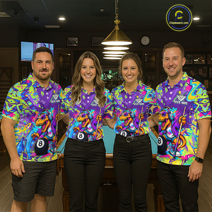 Four people wearing colorful shirts with a dinosaur and pool ball design in a bar setting.
