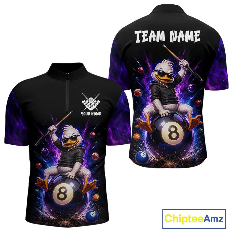 Custom Funny Duck with Cue Billiard Shirt 8 Ball Billiard Jersey for Men Pool Shirt Polo & 1/4 Zip BHT122