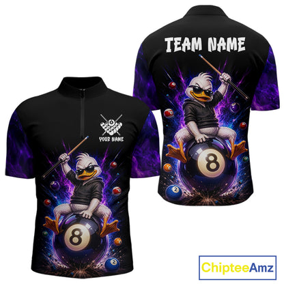 Custom Funny Duck with Cue Billiard Shirt 8 Ball Billiard Jersey for Men Pool Shirt Polo & 1/4 Zip BHT122