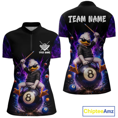 Custom Funny Duck with Cue Billiard Shirt 8 Ball Billiard Jersey for Women Pool Shirt Polo & 1/4 Zip BHT122