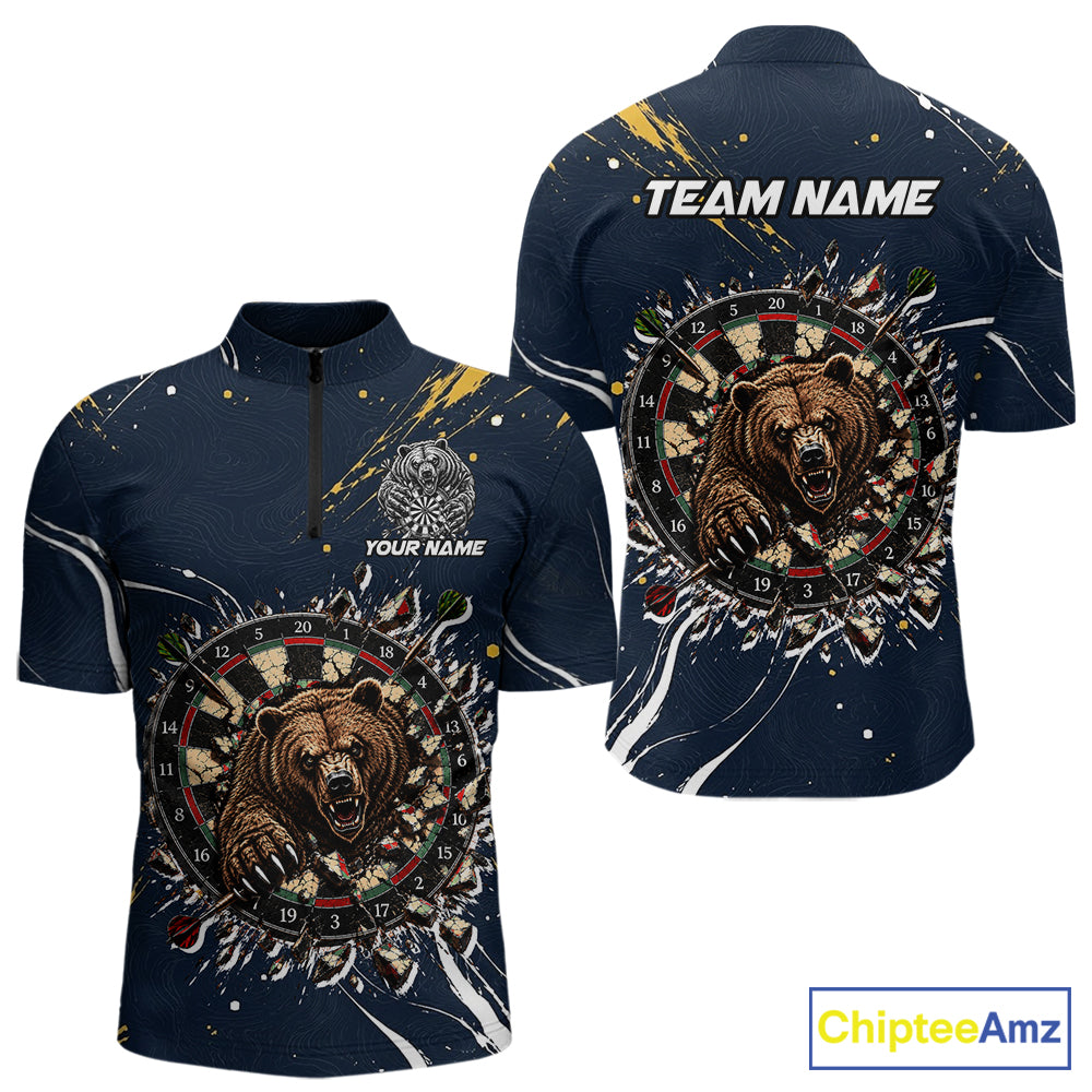Custom Navy Bear Dart Shirts Funny Dart League Jersey for Men Dartboard Shirt Polo & Quarter-Zip DHT69
