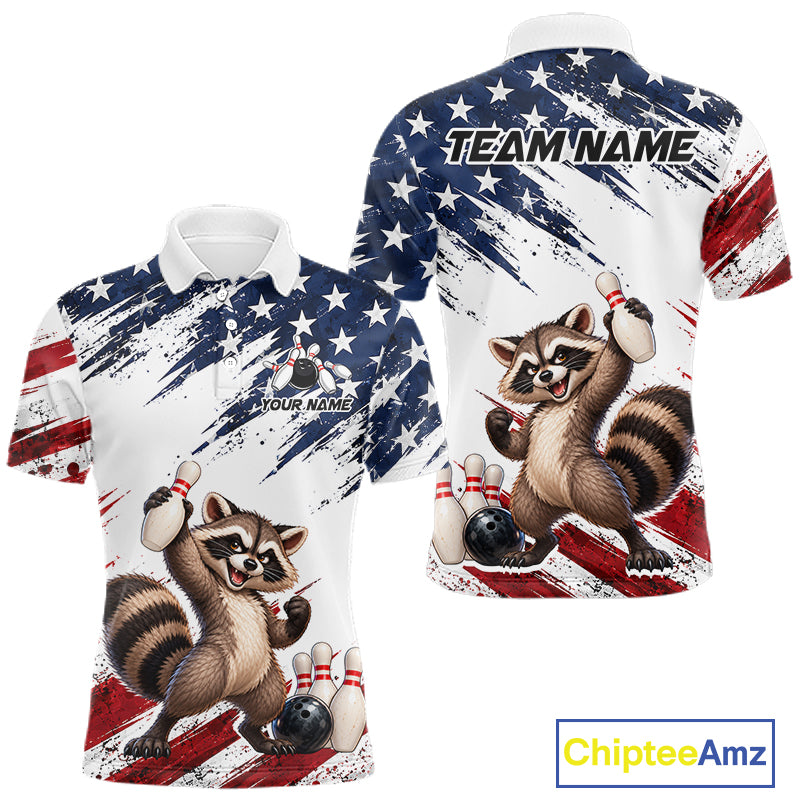 Custom American Flag Raccoon Bowling Shirt for Men Patriotic Bowling Jersey Polo & 1/4 Zip QZT1398