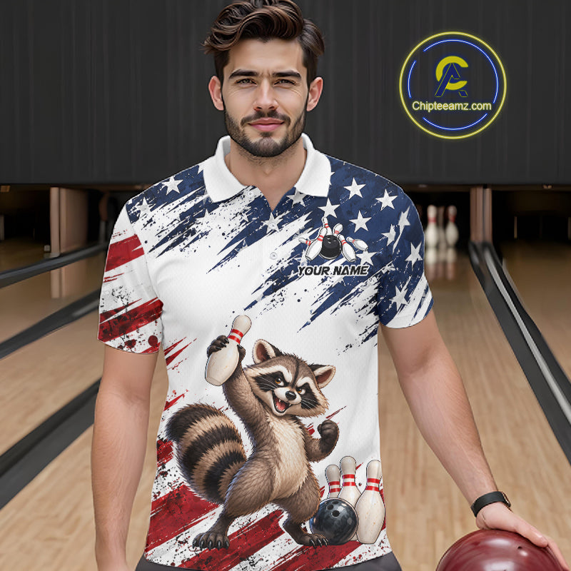 Custom American Flag Raccoon Bowling Shirt for Men Patriotic Bowling Jersey Polo & 1/4 Zip QZT1398