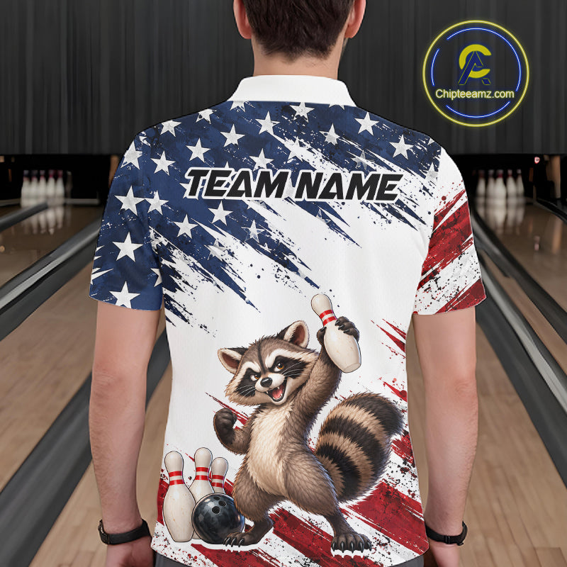 Custom American Flag Raccoon Bowling Shirt for Men Patriotic Bowling Jersey Polo & 1/4 Zip QZT1398