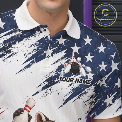 Custom American Flag Raccoon Bowling Shirt for Men Patriotic Bowling Jersey Polo & 1/4 Zip QZT1398