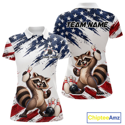 Custom American Flag Raccoon Bowling Shirt for Women Patriotic Bowling Jersey Polo & 1/4 Zip QZT1398