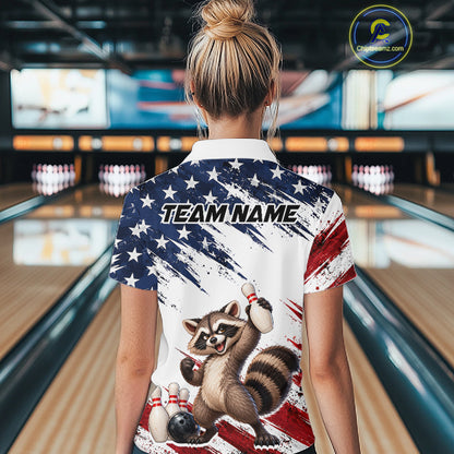 Custom American Flag Raccoon Bowling Shirt for Women Patriotic Bowling Jersey Polo & 1/4 Zip QZT1398