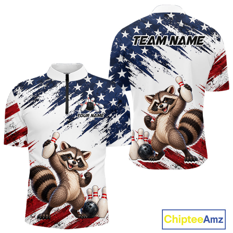 Custom American Flag Raccoon Bowling Shirt for Men Patriotic Bowling Jersey Polo & 1/4 Zip QZT1398