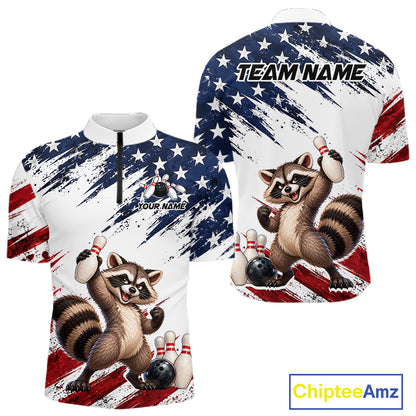 Custom American Flag Raccoon Bowling Shirt for Men Patriotic Bowling Jersey Polo & 1/4 Zip QZT1398