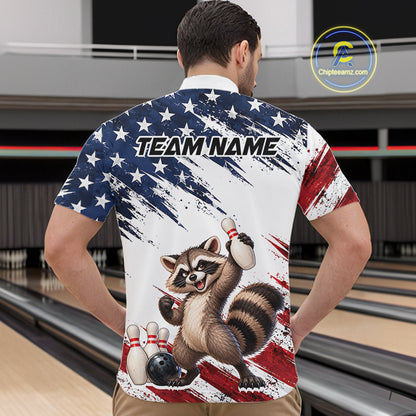 Custom American Flag Raccoon Bowling Shirt for Men Patriotic Bowling Jersey Polo & 1/4 Zip QZT1398