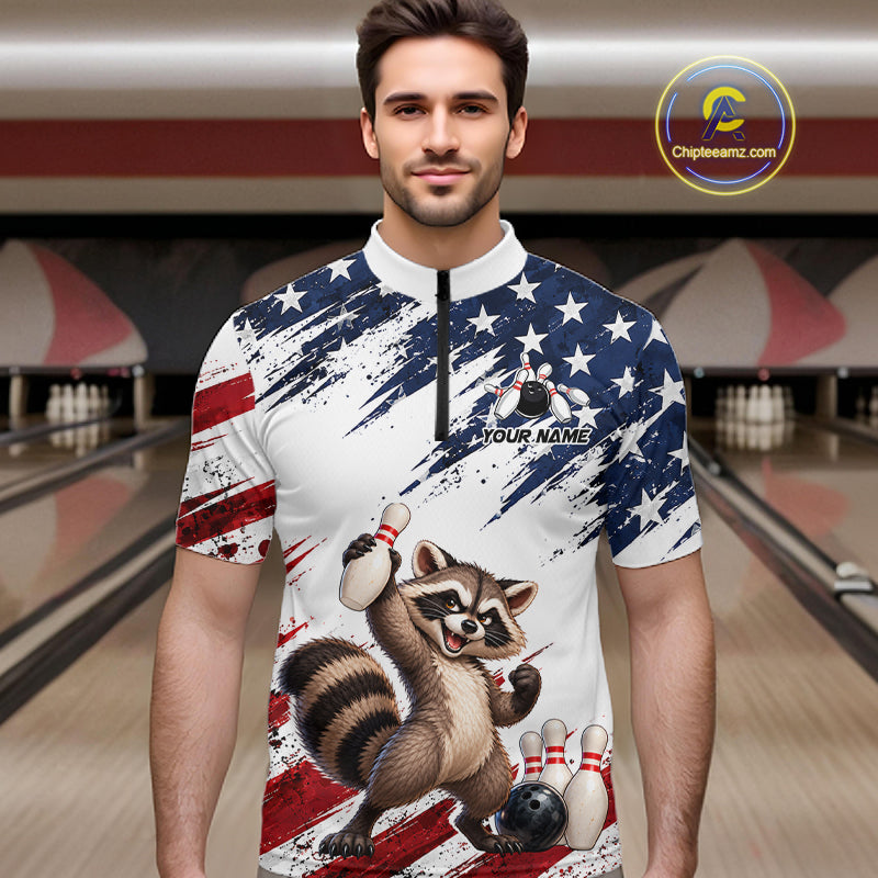 Custom American Flag Raccoon Bowling Shirt for Men Patriotic Bowling Jersey Polo & 1/4 Zip QZT1398