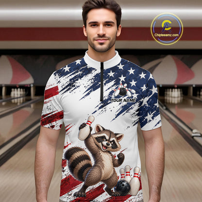 Custom American Flag Raccoon Bowling Shirt for Men Patriotic Bowling Jersey Polo & 1/4 Zip QZT1398