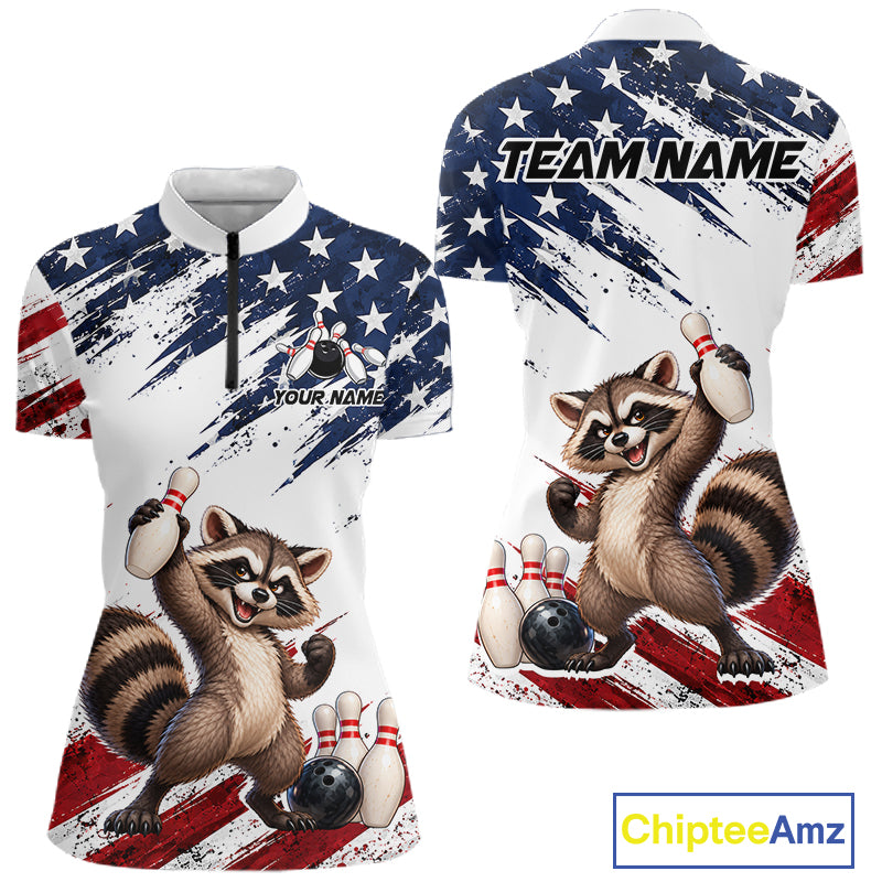 Custom American Flag Raccoon Bowling Shirt for Women Patriotic Bowling Jersey Polo & 1/4 Zip QZT1398