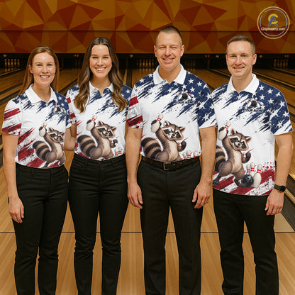 Custom American Flag Raccoon Bowling Shirt for Women Patriotic Bowling Jersey Polo & 1/4 Zip QZT1398