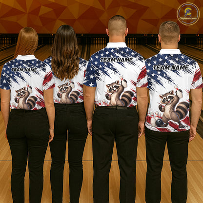 Custom American Flag Raccoon Bowling Shirt for Women Patriotic Bowling Jersey Polo & 1/4 Zip QZT1398