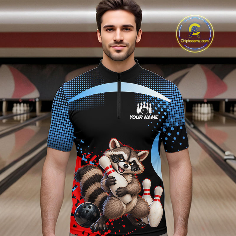 Custom Funny Raccoon Bowling Shirt for Men Bowling League Jersey Polo & 1/4 Zip QZT1397
