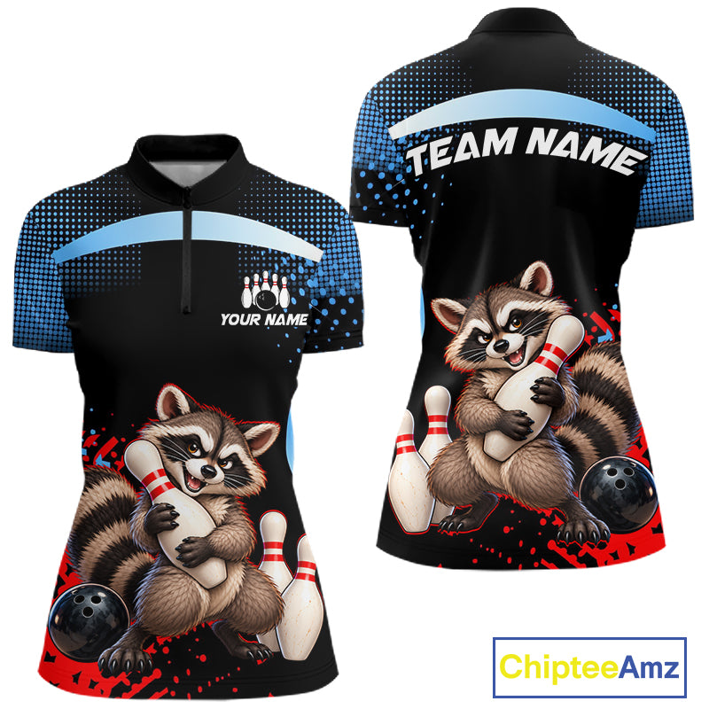 Custom Funny Raccoon Bowling Shirt for Women Bowling League Jersey Polo & 1/4 Zip QZT1397