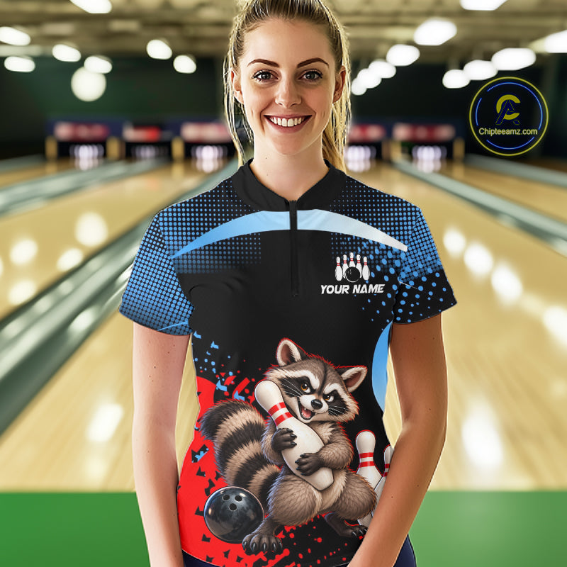 Custom Funny Raccoon Bowling Shirt for Women Bowling League Jersey Polo & 1/4 Zip QZT1397