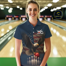 Load image into Gallery viewer, Female model wearing custom navy patriotic bowling polo shirt front view featuring a bald eagle, American flag and bowling pins, displaying Your Name, at the bowling alley