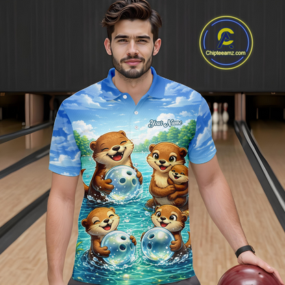 Custom Funny Otter Family Bowling Shirt DNA Bowling League Polo & 1/4-Zip Bowling Outfit for Men QZT933