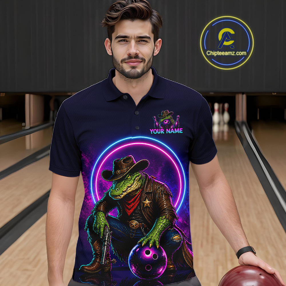 Custom Neon Cowboy Alliagator Bowling Shirt for Men Bowling Team Jersey Polo & Quarter-Zip Bowling Outfit QZT1013