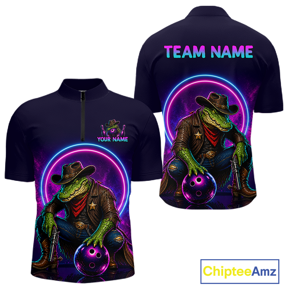 Custom Neon Cowboy Alliagator Bowling Shirt for Men Bowling Team Jersey Polo & Quarter-Zip Bowling Outfit QZT1013