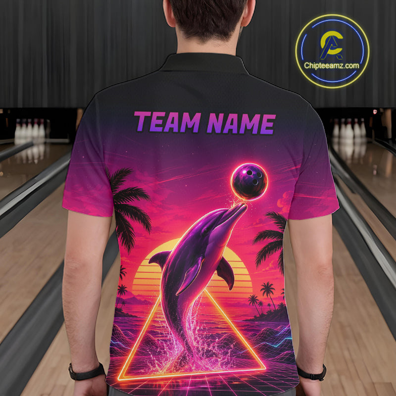 Custom Tropical Sunset Dolphin Bowling Shirt for Men Funny Bowling Jersey QZT1264