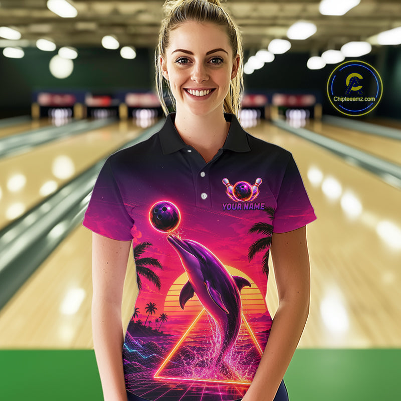 Custom Tropical Sunset Dolphin Bowling Shirt for Women Funny Bowling Jersey QZT1264