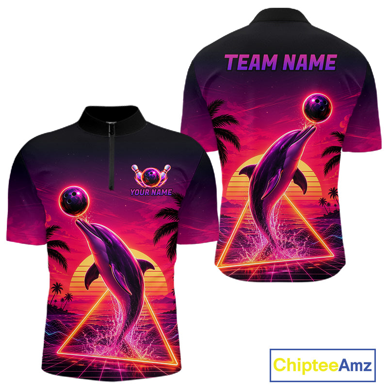 Custom Tropical Sunset Dolphin Bowling Shirt for Men Funny Bowling Jersey QZT1264