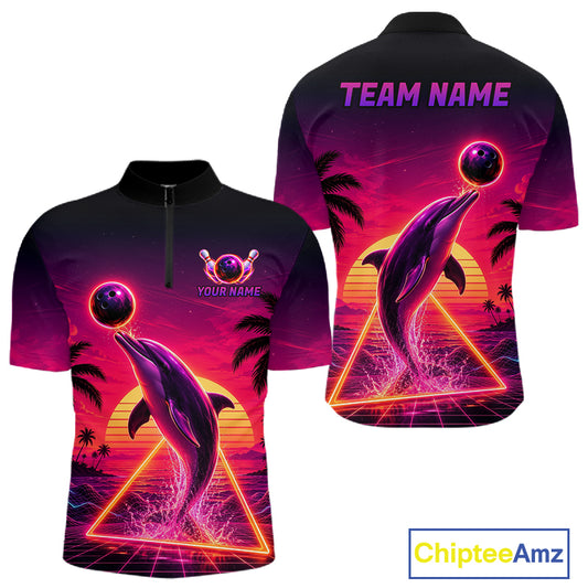 Custom Tropical Sunset Dolphin Bowling Shirt for Men Funny Bowling Jersey QZT1264