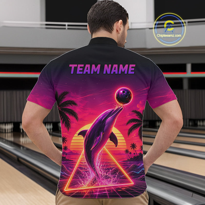Custom Tropical Sunset Dolphin Bowling Shirt for Men Funny Bowling Jersey QZT1264