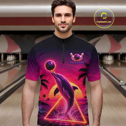 Custom Tropical Sunset Dolphin Bowling Shirt for Men Funny Bowling Jersey QZT1264