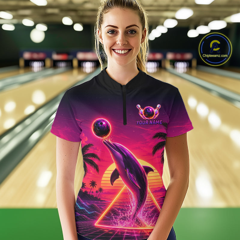 Custom Tropical Sunset Dolphin Bowling Shirt for Women Funny Bowling Jersey QZT1264