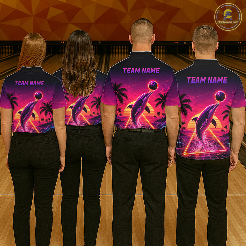 Custom Tropical Sunset Dolphin Bowling Shirt for Men Funny Bowling Jersey QZT1264