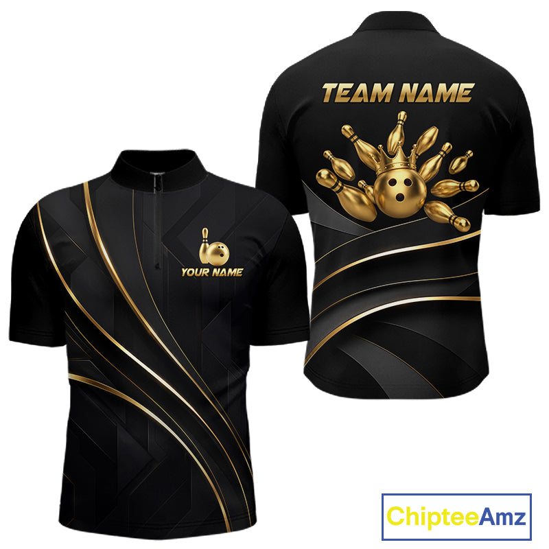 Custom Black and Gold Crown Bowling Shirt for Men Bowling Jersey League QZT1266